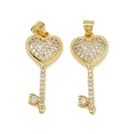 Латунные микропаве прозрачные подвески с фианитом, сердце ключ очарование, без кадмия и без свинца, стойки покрытие, долговечный