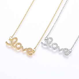 304 Stainless Steel Pendant Necklaces, with Cubic Zirconia, Word Love