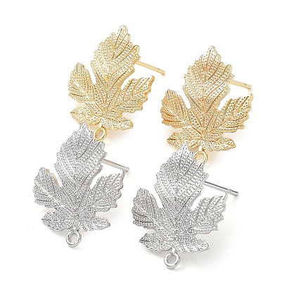 Brass Stud Earring Finding, with Horizontal Loop, Maple Leaf