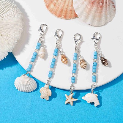 4Pcs Shell Pendant Decorations, with Glass Beads, Synthetic Turquoise Beads and Zinc Alloy Lobster Claw Clasps