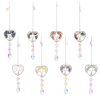Обернутое проволокой сердце из натуральных драгоценных камней с подвеской в виде дерева жизни, стеклянные каплевидные кисточки для ловли солнца для оконных подвесных украшений