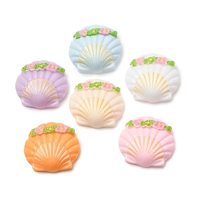 Opaque Resin Cabochons, Shell Shape with Flower