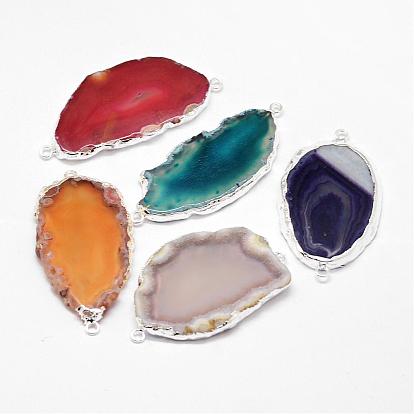 Electroplated Natural & Dyed Agate Links Connectors, with Silver Color Plated Brass Findings