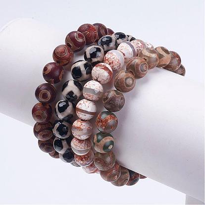 Tibetan Style Dzi Bead Stretch Bracelets, with Burlap Packing Pouches Drawstring Bags