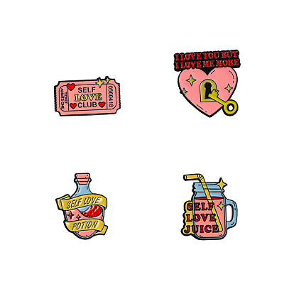 Lock/Drink/Bottle Self Love Theme Enamel Pins, Black Alloy Brooches, Gift Badge for Women