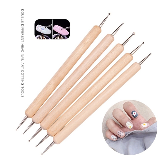 Double Different Head Nail Art Dotting Tools, UV Gel Nail Brush Pens, Wood Handle & Stainless Steel Pen Head