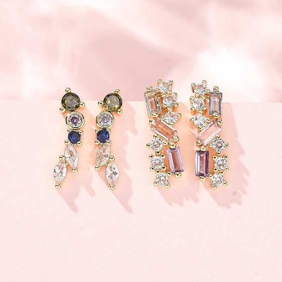 Brass Pave Cubic Zirconia Stud Crawler Earrings, Real 18K Gold Plated, Cadmium Free & Lead Free, Long-Lasting Plated, Rack Plating