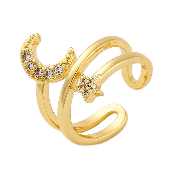 Кольца-манжеты для пальцев с покрытием из латуни с микропаве из прозрачного кубического циркония для женщин, долговечный, Луна и звезды