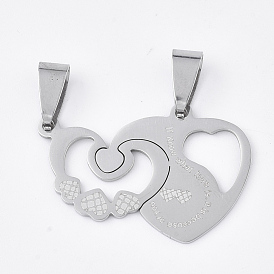 201 inoxydable pendentifs fendus en acier, pendentifs devis, pour les amoureux, coeur avec le coeur, avec le mot