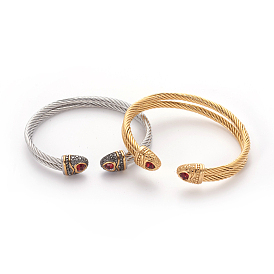 304 Stainless Steel Cuff Bangles, Torque Bangles, with Rhinestone
