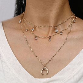Triple-layered Crystal Moon and Horn Choker Necklace with Diamond Accents