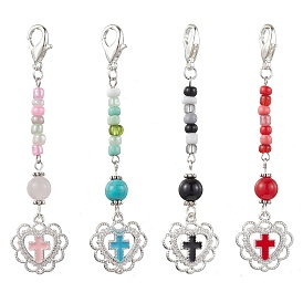 4Pcs Glass Seed Bead Pendant Decorations, with Alloy Enamel Herat Charms and Gemstone