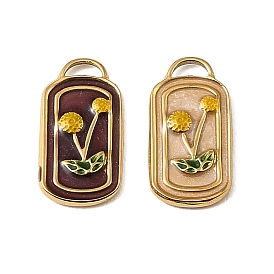 304 Stainless Steel Enamel Pendants, Rectangle with Flower Charms, Real 18K Gold Plated, Ion Plating(IP)