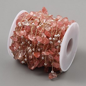 Окрашенные светло-коралловые самородки натурального розового кварца и цепочки из жемчужных бусин из АБС-пластика, с медными цепями, с катушкой, пайки