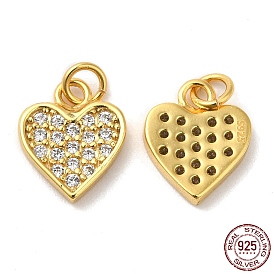 925 Sterling Silver Micro Pave Cubic Zirconia Charms, Heart Charm, with Jump Ring