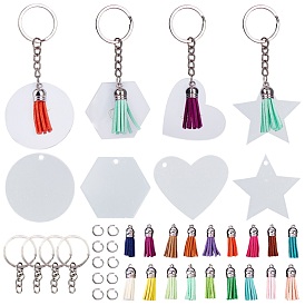 SUNNYCLUE DIY Keychain Making Kits, including Iron Split Key Rings, Transparent Acrylic and Faux Suede Tassel Pendants, Self Adhesive Sticker