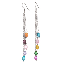 Dyed Natural Pearl Dangle Earrings, 304 Stainless Steel Chains Tassel Earrings for Women