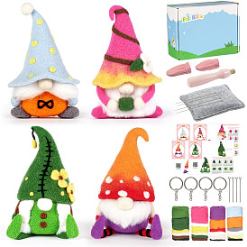 Gnome Needle Felting Kits, including Felting Needles, Eye Pins, Wool, Felting Foam Pad, Keychain Rings, Step-by-step Instructions