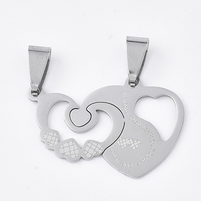 201 inoxydable pendentifs fendus en acier, pendentifs devis, pour les amoureux, coeur avec le coeur, avec le mot