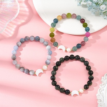 Pulseras elásticas redondas de piedras preciosas naturales mixtas, conchas naturales y perlas., dorado, mezclado teñido y sin teñir