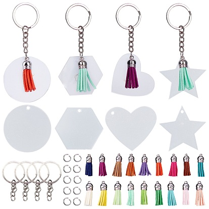 DIY Keychain Making Kits, including Iron Split Key Rings, Transparent Acrylic and Faux Suede Tassel Pendants, Self Adhesive Sticker
