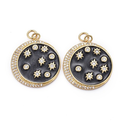 Brass Micro Pave Clear Cubic Zirconia Pendants, with Black Enamel & Jump Rings, Long-Lasting Plated, Flat Round
