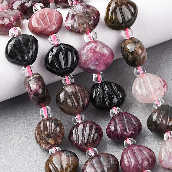 Нити резных бусин из натурального турмалина, формы раковины, с бисером