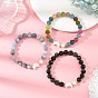 Round Natural Mixed Gemstone & Natural Shell & Pearl Beaded Stretch Bracelets, Golden, Mixed Dyed and Undyed