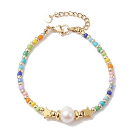 Bracelet en perles naturelles et 201 en acier inoxydable avec étoile et perles de rocaille