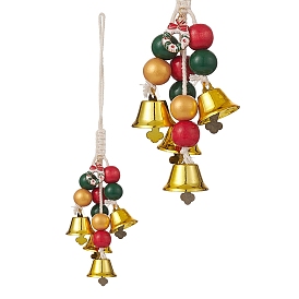 Christmas Theme Schima Wood Beaded Pendant Decorations, Iron Bell Wind Chimes with Cotton Braided Hanging Cord