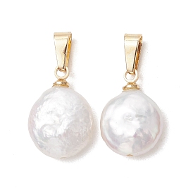 Натуральный жемчуг барокко подвески с жемчугом кеши, плоские круглые подвески с защелкивающимися креплениями из нержавеющей стали, старинный белый