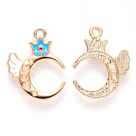 Alloy Pendant Rhinestone Settings, with Enamel, Moon with Wing & Crown, Light Gold