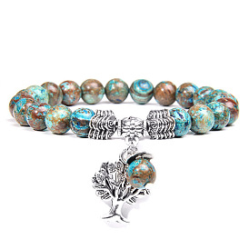 Natural Mixed Stone Beaded Stretch Bracelet with Alloy Tree of Life Charms
