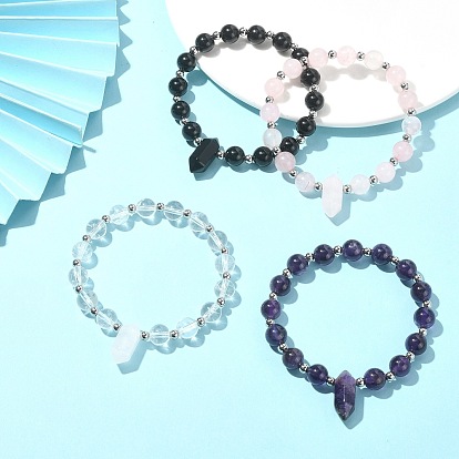 Mixed Natural Gemstone Round & Bullet Beaded Bracelets, with 304 Stainless Steel Beads