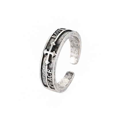 Word Peace Love Open Cuff Ring, Tibetan Style Alloy Cross Ring for Men Women, Cadmium Free & Lead Free