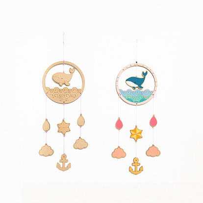 DIY Whale Wind Chime Making Kits, Including 1Pc Wood Plates, 1 Card Cotton Thread and 1Pc Plastic Knitting Needles, for Children Painting Craft