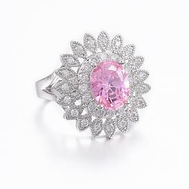 Trendy Brass Micro Pave Cubic Zirconia Finger Rings, Oval, Flower, Platinum, Mixed Size