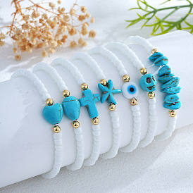 Богемные браслеты из белого стеклянного бисера, синтетические бирюзовые эластичные браслеты для женщин, с золотыми латунными бисера