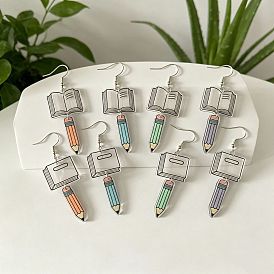 Boucles d'oreilles dangle acrylique, livre avec crayon, platine