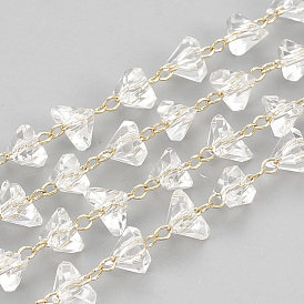 Main chaînes de perles de verre, soudé, avec les accessoires en laiton, facette, triangle, clair
