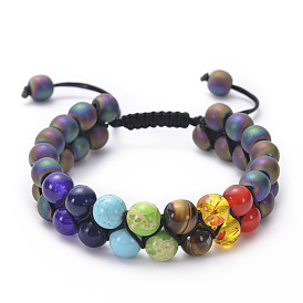 Natural Stone Double Row Bracelet with Seven Chakra Beads, Adjustable Layered Strand Yoga Jewelry.