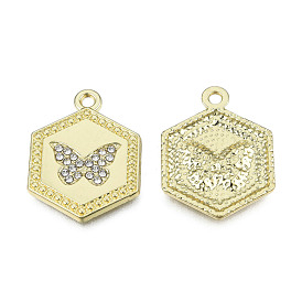 Rack Plating Alloy Pendants, with Crystal Rhinestone, Hexagon with Butterfly, Cadmium Free & Nickel Free & Lead Free