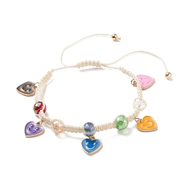 Round Glass Braided Bead Bracelet, Alloy Enamel Heart with Smiling Face Charm Bracelet for Women