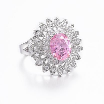Trendy Brass Micro Pave Cubic Zirconia Finger Rings, Oval, Flower, Platinum, Mixed Size