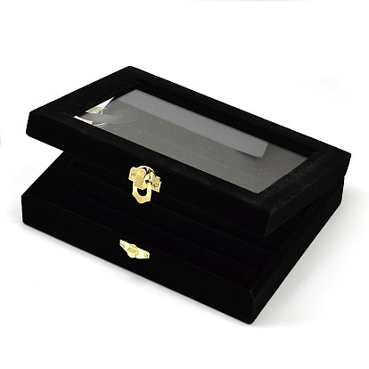 Wooden Rectangle Ring Boxes, Covered with Velvet, with Glass and Iron Clasps, 20.2x15.1x4.9cm