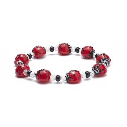 Lampwork Coccinella Septempunctata & Glass Beaded Stretch Bracelet, Cute Insect Jewelry for Women