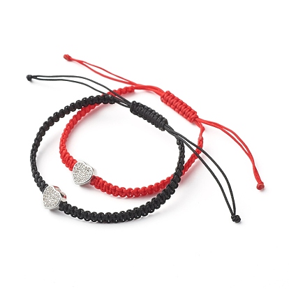 Heart Brass Micro Pave Cubic Zirconia Braided Bead Bracelets Sets for Couples Best Friends