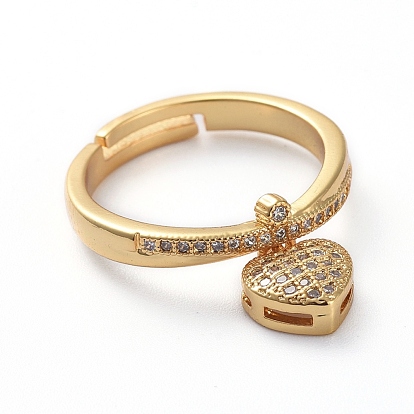 Adjustable Brass Finger Rings, with Micro Pave Cubic Zirconia, Heart