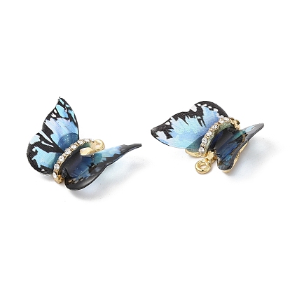 Transparent Resin Pendants, Butterfly Charms with Golden Plated Alloy Crystal Rhinestone Findings
