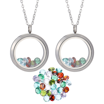 DIY Pendant Necklaces, Including 2Pcs 304 Stainless Steel Flat Round Locket Pendants & 2Pcs Cable Chains and 32Pcs 8 Colors Cubic Zirconia Cabochons, Mixed Color